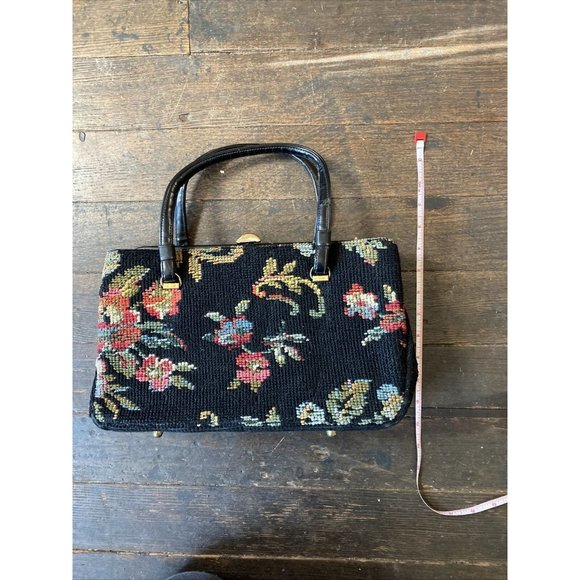 Vintage Black Floral Embroidered Needlepoint Tapestry Purse Handbag Read Below - Picture 2 of 12